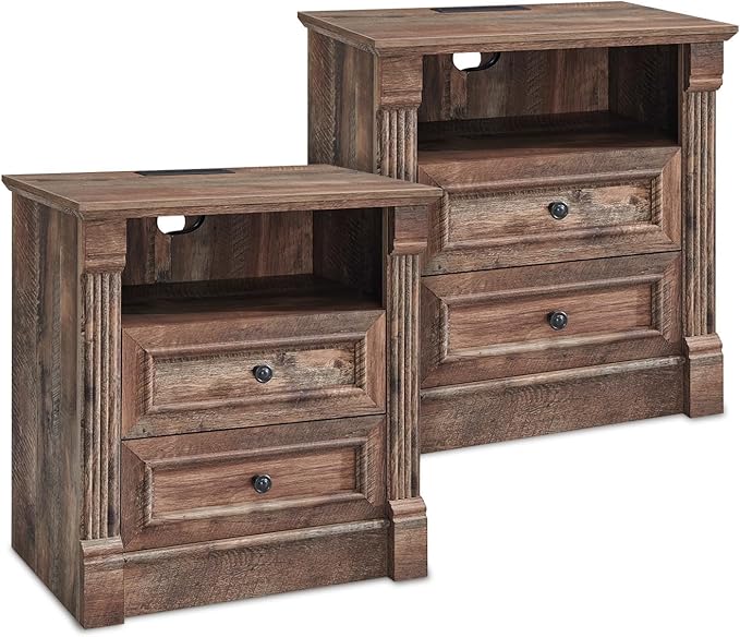 26" Tall Farmhouse Nightstand Set of 2, 2 Drawers End Table w/Charging Station, 23.6" Wide Large Side Table w/Roman Column, Wood Rustic Sofa Table w/Open Shelf, Bedside Table for Bedroom, Light Brown-CasaMuseHome