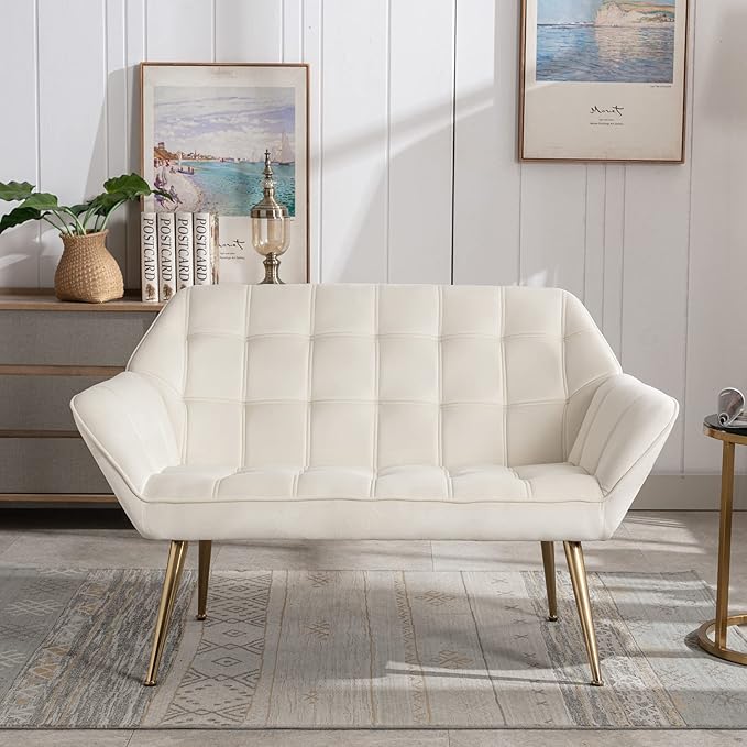 48" Small Loveseat for Small Spaces, Modern Sherpa Mini Sofa Couch 2-Seater Velvet Love Seat with Quilting Back and Gold Legs for Living Room/Bedroom, Cream-CasaMuseHome