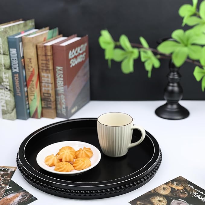 Round Black Wood Serving Tray with Beads, Wooden Decorative Tray for Entertaining, Decoration, and Gifting,-CasaMuseHome