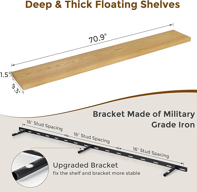 72 Inch Floating Shelves, 72 x 9 Rustic Wooden Fireplace Mantel, 9 Inch Floating Shelf for Wall, Farmhouse Wall Shelves for Home Storage & Display, Oak Color, Set of 1-CasaMuseHome