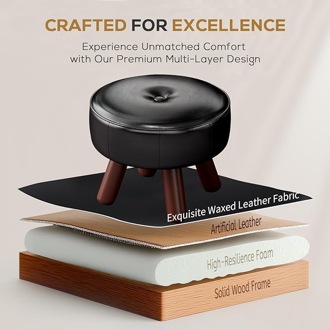 13in Small Foot Stool Ottoman, Round Faux Leather Foot Rest, Footstool Ottomans with Rubber Legs Under Desk, Footrest for Couch, Living Room, Bedroom, Office, 13''L x 13''W x 10.2''H, Black-CasaMuseHome