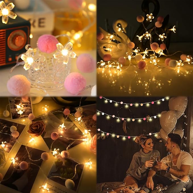 9.85Ft Fairy Lights 20 Cute Pink Pompoms 20 LEDs Cherry Blossom String Garland Battey Operated with Timer Flower Lights for Bedroom Kids Room Party Birthday Wedding Valentines Decoration-CasaMuseHome