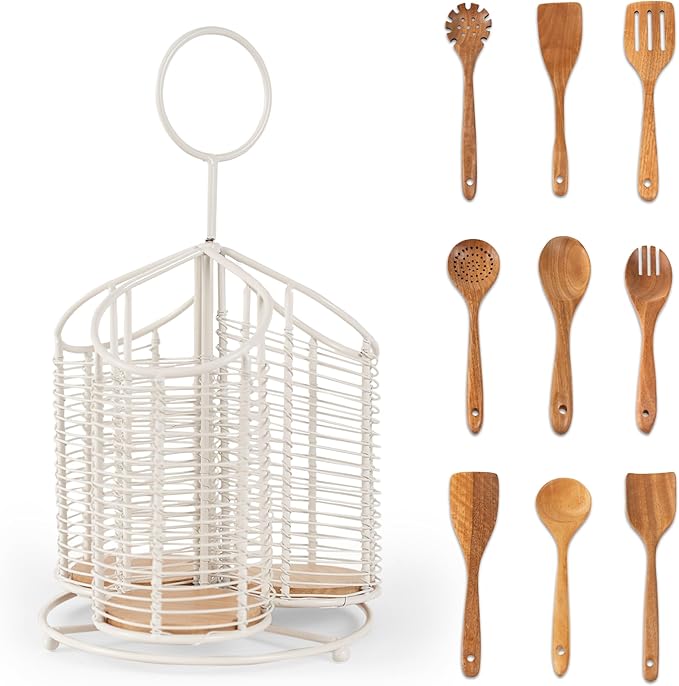 360° Rotating Kitchen Utensil Holder- 3 Compartment Organizer with Cork Bottom | Includes Premium 9-Piece Acacia Wood Utensil Set | Professional Luxury Design | Metal Utensil Crock (Matte white)-CasaMuseHome