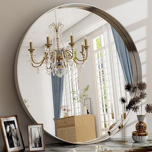 32 Inch Silver Round Bathroom Mirror - Wall Mounted Circle Mirror with Metal Frame, Modern Mirror Suitable for Bathroom, Vanity, Entryway, Living Room, Wall Decor-CasaMuseHome