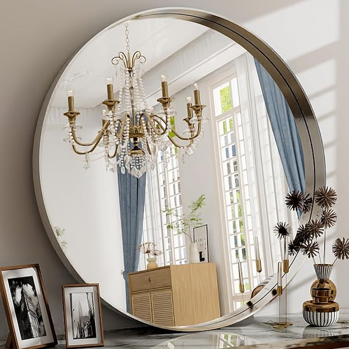 24 Inch Round Bathroom Mirror - Wall Mounted Circle Mirror with Metal Frame, Modern Mirror Suitable for Bathroom, Vanity, Entryway, Living Room, Wall Decor,Silver-CasaMuseHome