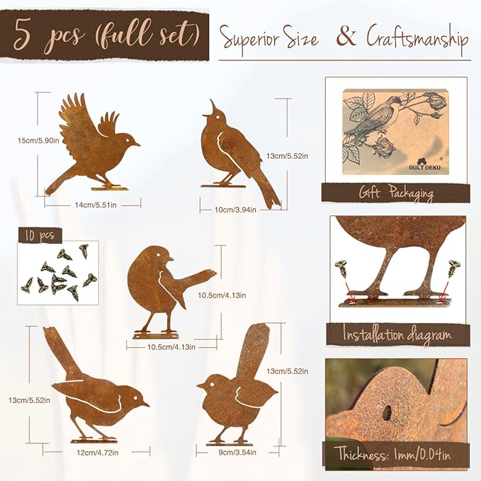 5PCS Rusty Birds Decoration,Outdoor Bird Wall Decor,Metal Birds Yard Decor, Metal Birds Craft Statue Ornaments - Garden Sculptures and Yard Art, Fence Decorations Outdoor,Rustic Garden Decor-CasaMuseHome