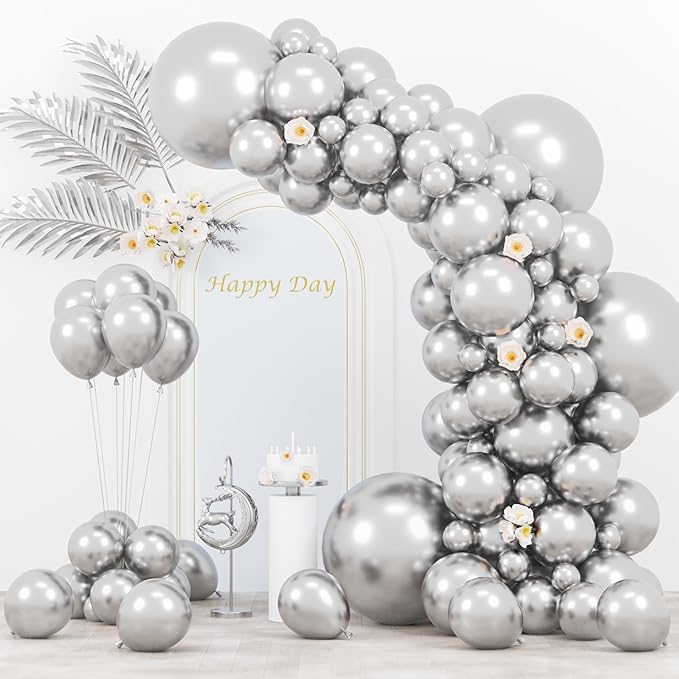 130pcs Metallic Silver Balloons Different Sizes 18" 12" 10" 5" Chrome Silver Balloon Garland Arch Kit for Graduation Birthday Baby Shower Wedding Anniversary New Year Party Decorations-CasaMuseHome