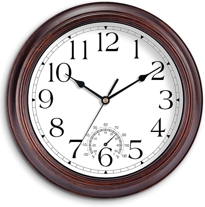 10 Inch Outdoor Wall Clock with Thermometers, Vintage Silent Wall Clocks Battery Operated, Retro Non-Ticking Clock Decorative for Living Room, Patio, Kitchen, Office, Bathroom, Bedroom(Bronze)-CasaMuseHome