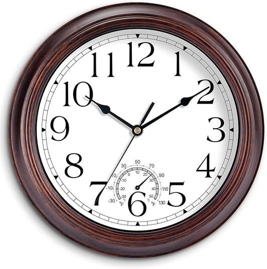 14 Inch Outdoor Wall Clock with Thermometers, Vintage Silent Wall Clocks Battery Operated, Retro Non-Ticking Clock Decorative for Living Room, Patio, Kitchen, Office, Bathroom, Bedroom(Bronze)-CasaMuseHome