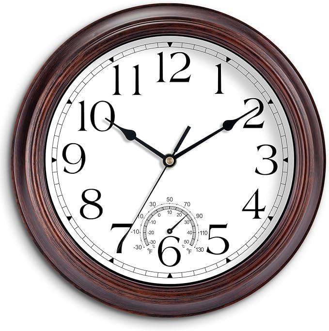 8.5 Inch Outdoor Wall Clock with Thermometers, Vintage Silent Wall Clocks Battery Operated, Retro Non-Ticking Clock Decorative for Living Room, Patio, Kitchen, Office, Bathroom, Bedroom(Bronze)-CasaMuseHome