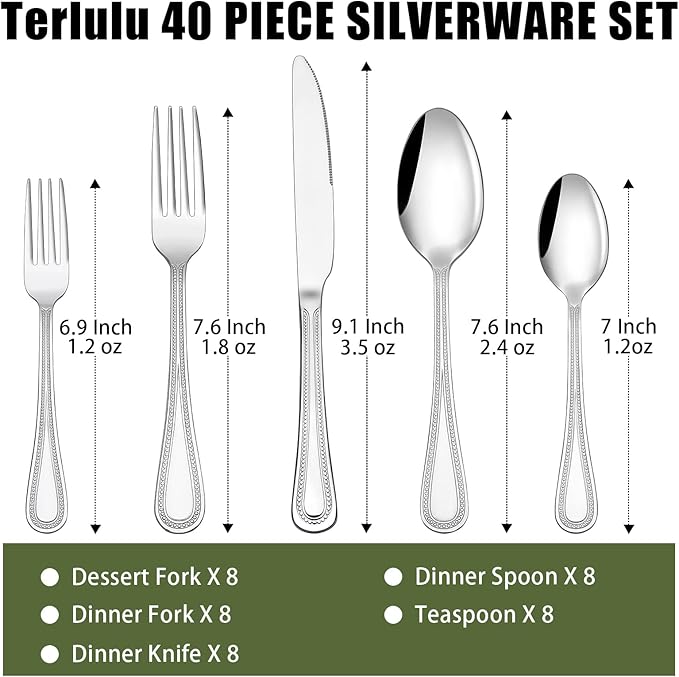 40 Piece Silverware Set for 8, Terlulu Stainless Steel Flatware Set, Mirror Polished Cutlery Set Utensil Set, Tableware Include Forks Spoons Knives for Home Restaurant, Beaded Handle, Dishwasher Safe-CasaMuseHome