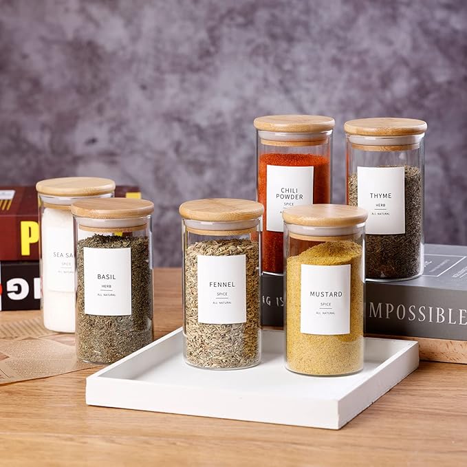 12 Pcs Glass Spice Jars With Bamboo Airtight Lids, 10oz Thicken(2.4mm) Spice Containers With 148 Minimalist Preprinted Waterproof Spice Labels, Kitchen Empty Small Storage Jars For Seasoning, Herb-CasaMuseHome