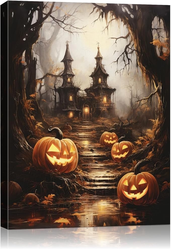 AbcCustomize Halloween Canvas Wall Art - Spooky Haunted House & Eerie Pumpkins Poster, Gothic Fall Decorations for Home, Vintage Halloween Decor Indoor for Living Room, Bedroom & Party-CasaMuseHome