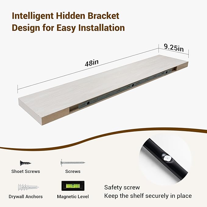 48 Inch Floating Shelves, 48"x9.25"x1.5" Inch Deep Floating Shelves for Wall, Wooden Shelves for Bathroom, Bedroom, Living Room, Cream White Oak-CasaMuseHome