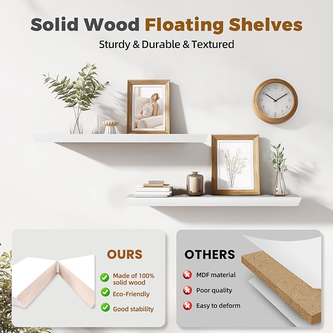 36"x6.8"x1.6" Slanted Floating Wall Shelves 2-Pack - Rustic White Finish, Heavy-Duty Solid Wood Design with Hidden Brackets - Perfect for Living Room, Kitchen, Bathroom, or Office-CasaMuseHome