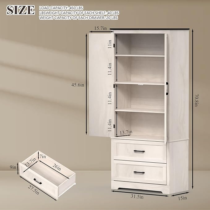 71" Kitchen Pantry Storage Cabinet, Barn Doors Tall Storage Pantry Cabinet with Drawers & Adjustable Shelf, Modern Farmhouse Cupboard Wood Pantry for Kitchen, Living Room, Dining Room, Oak Beige-CasaMuseHome