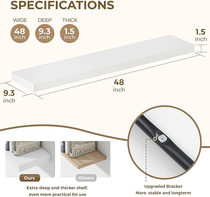 48 Inches Floating Shelves for Wall, 9.3" Deep Long Floating Shelves Set of 1, Large Display & Storage Shelf, Wall Shelf for Bathroom Bedroom Living Room Kitchen Office, White-CasaMuseHome