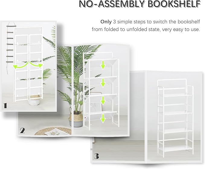4NM No Assembly Foldable Bookshelf, 4-Shelf Collapsible Bookcase Storage for Small Spaces, 54" H, All White-CasaMuseHome