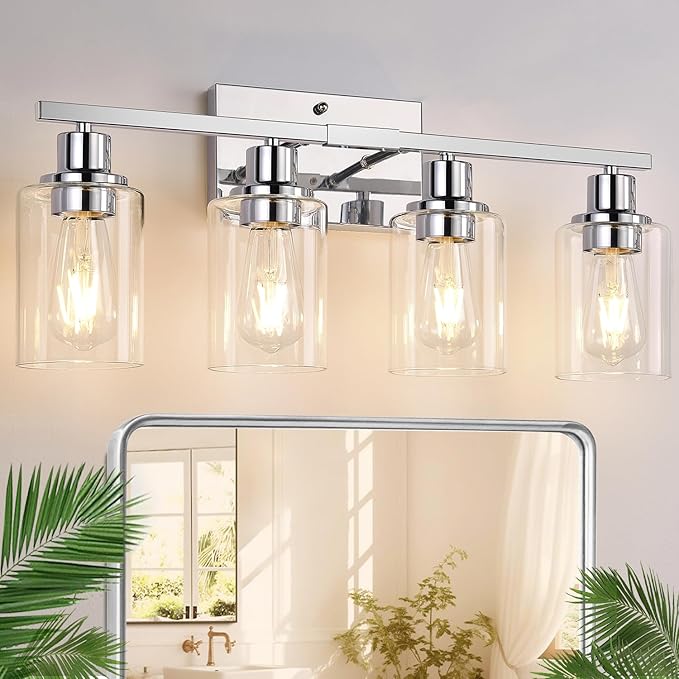 4 Light Bathroom Light Fixtures, Chrome Vanity Lights with Clear Glass Shades, Modern Bathroom Light Fixtures Over Mirror, Modern Bathroom Wall Lamp for Mirror Living Room Cabinet-CasaMuseHome
