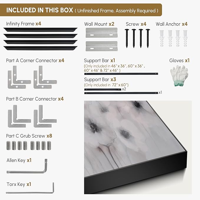 46"x60" Extra Large Framed Wall Art Soft White Poppies Watercolor Floral, Delicate Botanical for Home Living Room Bedroom Decor (Frame Assembly Required)-CasaMuseHome