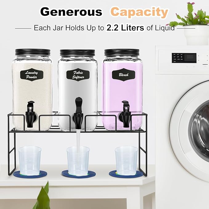 3-Pack 2.2L Glass Laundry Detergent Dispenser Set with Stand - Premium Liquid Soap Dispenser with PP Spigots, Measuring Cups, and Chalkboard Labels for Laundry Room Organization and Storage-CasaMuseHome