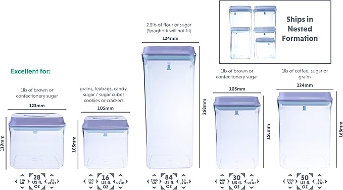 BopTop (5pc Set) Airtight Food Storage Container – Mechanical Silicone Seal Canister - BPA-Free Stackable - 2.5Qt/1.5Qt/.9Qt/.85Qt/.5Qt-CasaMuseHome