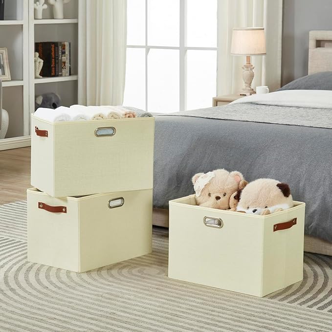 3-Pack Foldable Fabric Storage Bins with Durable PU & Metal Handles , Collapsible Storage Baskets for Shelves, Home Storage, Closet Organizers, Living Room(17"x11.8"x11.8", Beige)-CasaMuseHome
