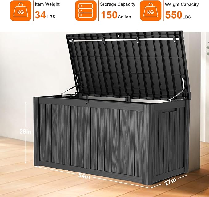 150 Gallon Deck Box,Resin Outdoor Storage Box with Lockable for Patio Furniture, Pool Accessories, Garden Tools Waterproof Outside Storage Box, Black-CasaMuseHome