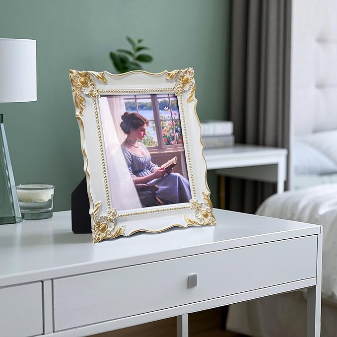 8x10 Vintage Picture Frame with Embossed Flower Design, White Ornate Frame for 8x10 or 5x7 Pictures with White Mat, Hand-Crafted Resin Antique Frames for Tabletop & Wall Hanging, Home Decor (White)-CasaMuseHome