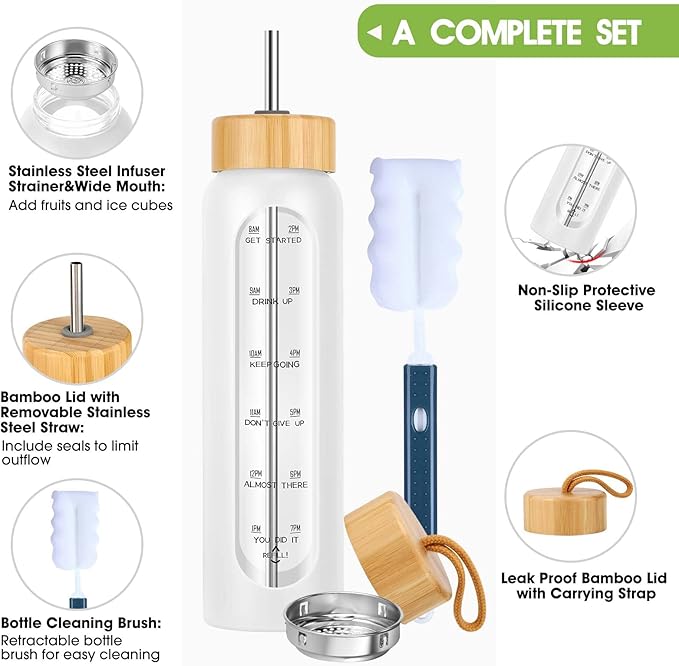 32 oz Glass Water Bottle with Straw - Motivational Time Marker & Silicone Sleeve - Reusable Tumbler Includes 2 Bamboo Lids & Fruit Infuser - 1 Pack-CasaMuseHome