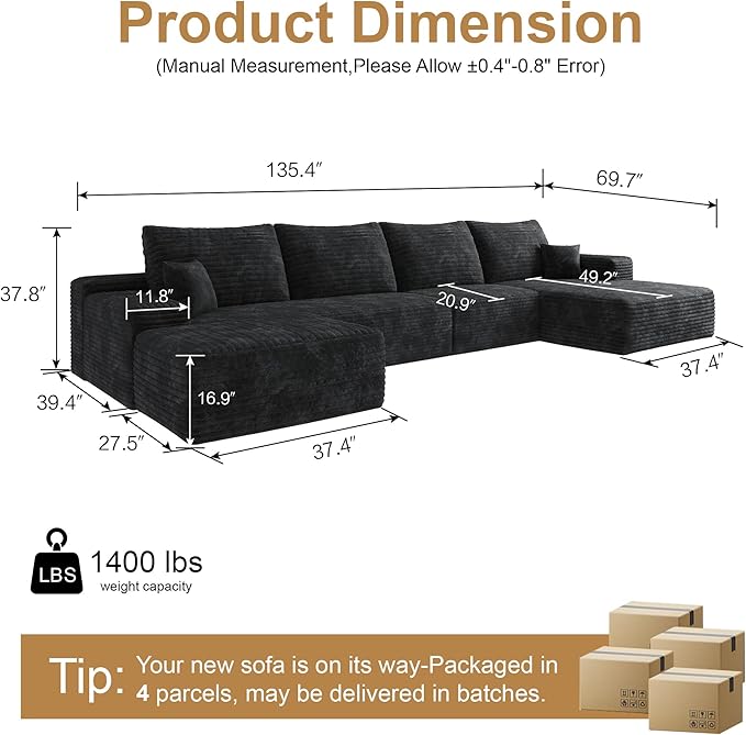 136" Sectional Couches for Living Room Modern Modular Sofa with L-Shape Couchs Upholstered Boneless Couch Deep Seat Sectional Couch with Chaise (Black, Right Facing Chaise+3Seaters+Ottoman)-CasaMuseHome