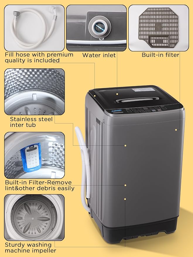17.7 lbs Full-Automatic Washing Machine with LED Display, Portable Compact Laundry Washer with Drain Pump, 10 Wash Programs 8 Water Levels, Grey-CasaMuseHome