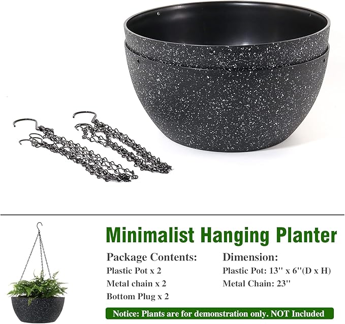 13 inch Large Hanging Planters Plant Pots for Outdoor Indoor Plants with Drainage Holes and Chain, 2 Pack Round Hanging Flower Pots for Garden Home Porch Decor, Speckled Black-CasaMuseHome