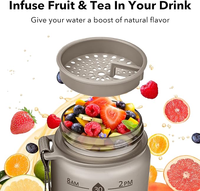 32oz Motivational Water Bottles with Time Marker & Fruit Strainer, Transparent Gradient Color Water Bottle with Times to Drink, Leakproof & BPA Free, Reusable Bottle with Strap (No Straw)-CasaMuseHome