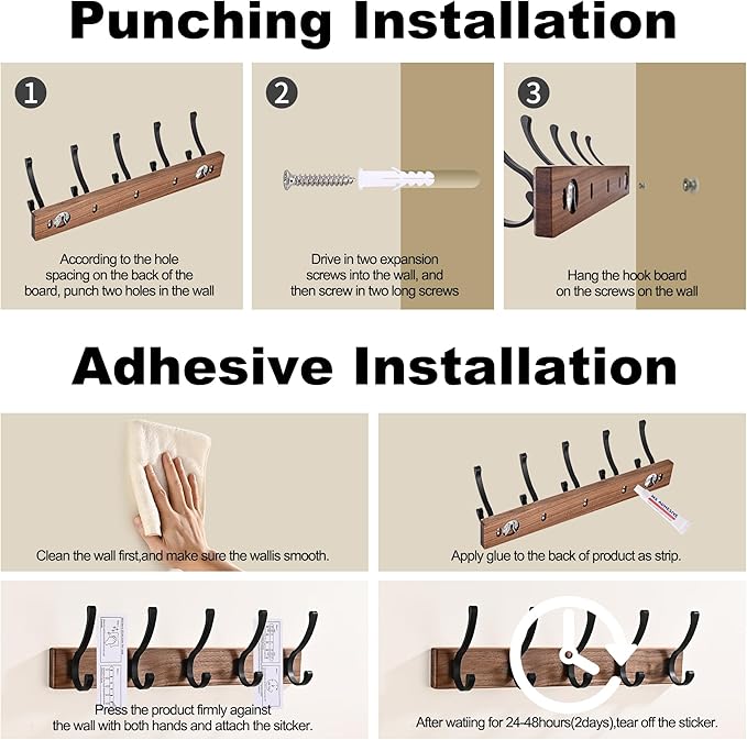 17.3" Small Wooden Coat Rack Wall Mount with 5 Hooks, Entryway Wall Hooks Coat Hanger for Hanging Towel Jacket Clothes Hat Backpack Shoe Purse Key Holder Multi Hook Rail by Black Walnut Wood-CasaMuseHome