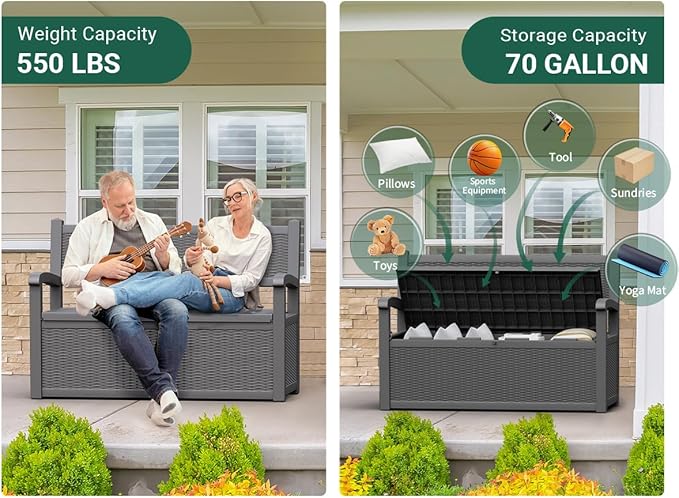 70 Gallon Outdoor Storage Box, Resin Patio Furniture with Armrest, Lockable Deck Box with Waterproof and UV Resistant for Patio Cushions, Garden Tools and Pool Supplies, Grey-CasaMuseHome