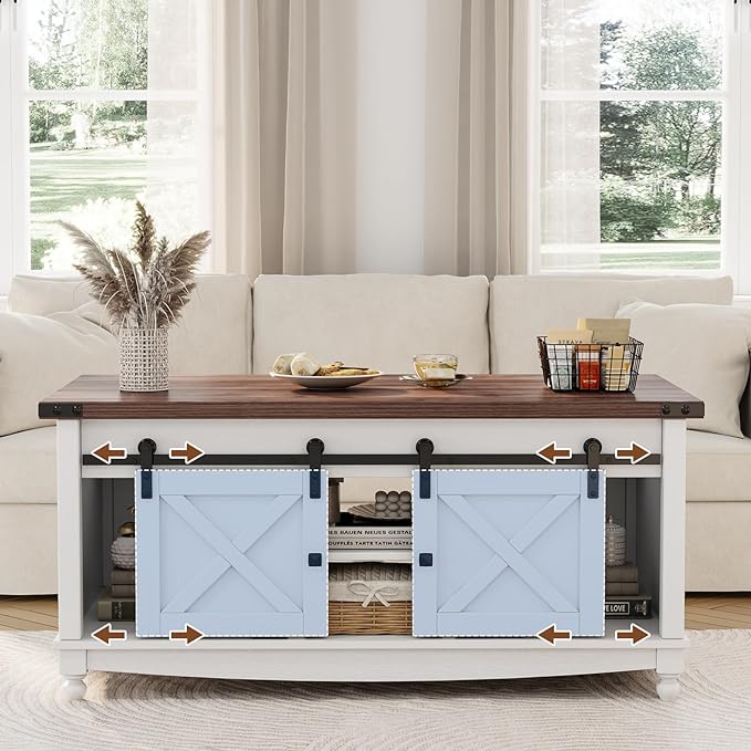 48" Farmhouse Lift Top Coffee Table with Storage Sliding Barn Door & Large Hidden Compartment, Coffee Table with Lifting Top with Wooden Lift Tabletop, Coffee Tables for Living Room, White-CasaMuseHome