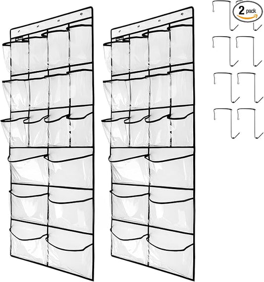 2 Pack Extra Large Hanging Crystal Clear Over Door Shoe Organizers, Closet Shoe Rack Organizer, 12+6 Pockets, 8 Hooks, White (59" x 21.6")-CasaMuseHome