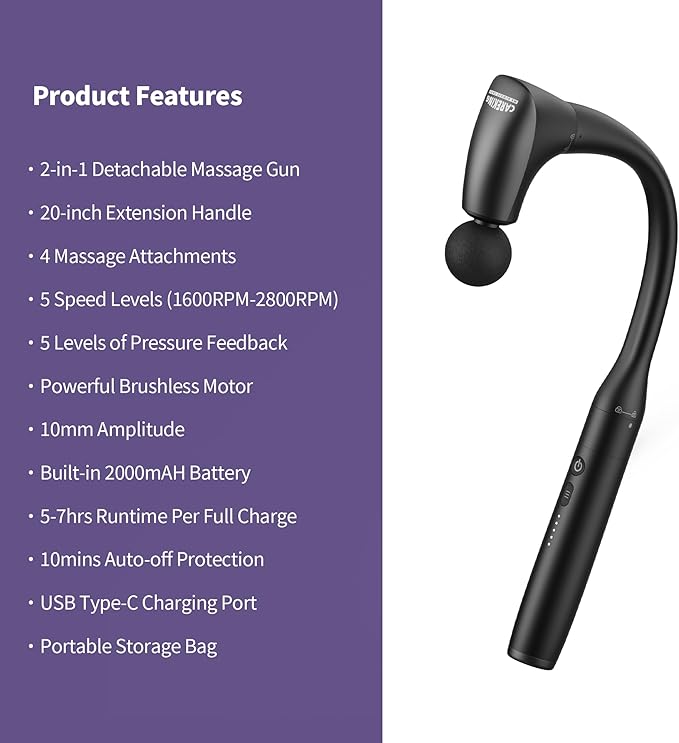 2-in-1 Detachable Muscle Massage Gun Deep Tissue with 20'' Extension Handle, Back and Neck Massager for Pain Relief, Handheld Massager for Shoulder Lower Back Leg Waist, FSA-HSA Eligible-CasaMuseHome
