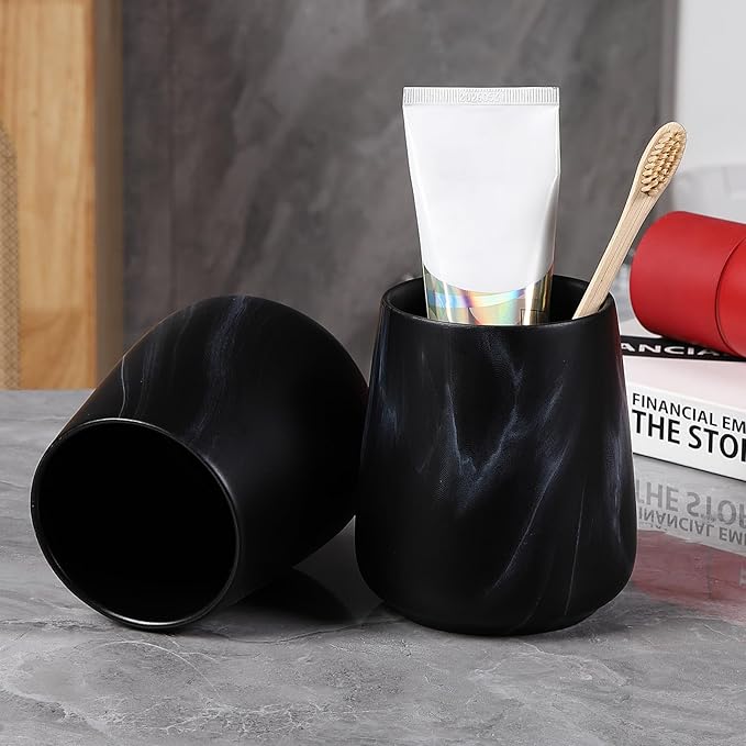 2Pcs Toothbrush Holder for Bathroom - Marble Black Ceramic Tooth Brushing Holders Set, Toothbrush Cup & Toothpaste Organizer for Bathroom Countertop, Makeup Brush Holder, Pen Holder for Home Storage-CasaMuseHome