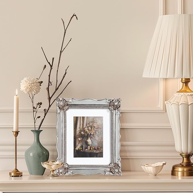 8x10 Vintage Picture Frame with Embossed Flower Design, Silver Ornate Frame for 8x10 or 5x7 Pictures with White Mat, Hand-Crafted Resin Antique Frames for Tabletop & Wall Hanging, Home Decor (Silver)-CasaMuseHome