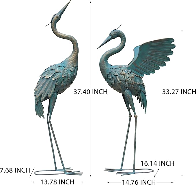 33-37 Inch Metal Crane Garden Statue Décor, Bird Garden Sculpture & Statues, Outdoor Decoration for Yard Patio Lawn Backyard Pool, Vintage Spread Wings Crane, Set of 2-CasaMuseHome