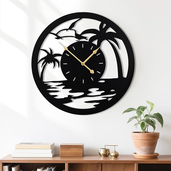 20inches/50cm Wall Clocks Palm Tree Battery Powered No Ticking Silent Round Black Modern Unique Metal Wall Clocks Suitable Living Room Kitchen Bedroom Fireplace Office Farmhouse。-CasaMuseHome