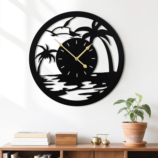 20inches/50cm Wall Clocks Palm Tree Battery Powered No Ticking Silent Round Black Modern Unique Metal Wall Clocks Suitable Living Room Kitchen Bedroom Fireplace Office Farmhouse。-CasaMuseHome