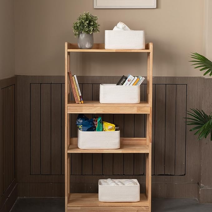 4 Pack Small Storage Shelf Baskets for Organizing, Mini Woven Rope Storage Bins for Towels, Cute Decorative Closet Organizer，Baby Nursery, Gift Empty Baskets -11.81''Lx7.87''Wx4.72''H-White-CasaMuseHome