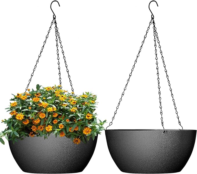 13 inch Large Hanging Planters Plant Pots for Outdoor Indoor Plants with Drainage Holes and Chain, 2 Pack Round Hanging Flower Pots for Garden Home Porch Decor, Black-CasaMuseHome