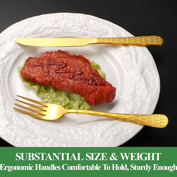 20 Pcs Gold Silverware Set for 4 with Water Cube Handle design, Food Grade Stainless Steel Flatware Set, Eating Utensils Sets Include Fork/Knife/Spoon, Reusable Cutlery Set, Dishwasher Safe-CasaMuseHome