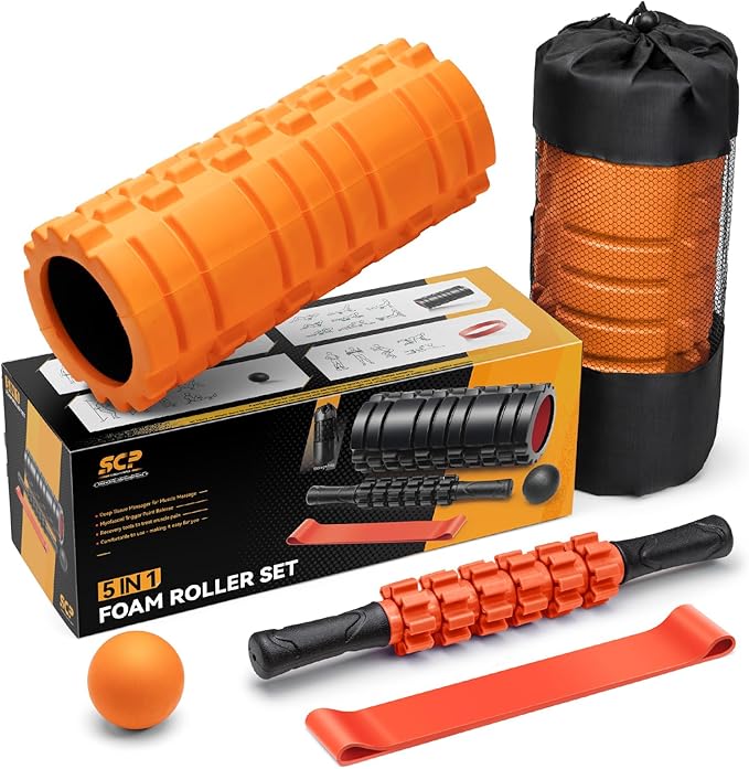 5 in 1 Foam Roller Set for Deep Tissue Muscle Massage, Trigger Point Fitness Exercise Foam Roller, Massage Roller, Massage Ball, Stretching Strap, for Whole Body (Orange-New)-CasaMuseHome