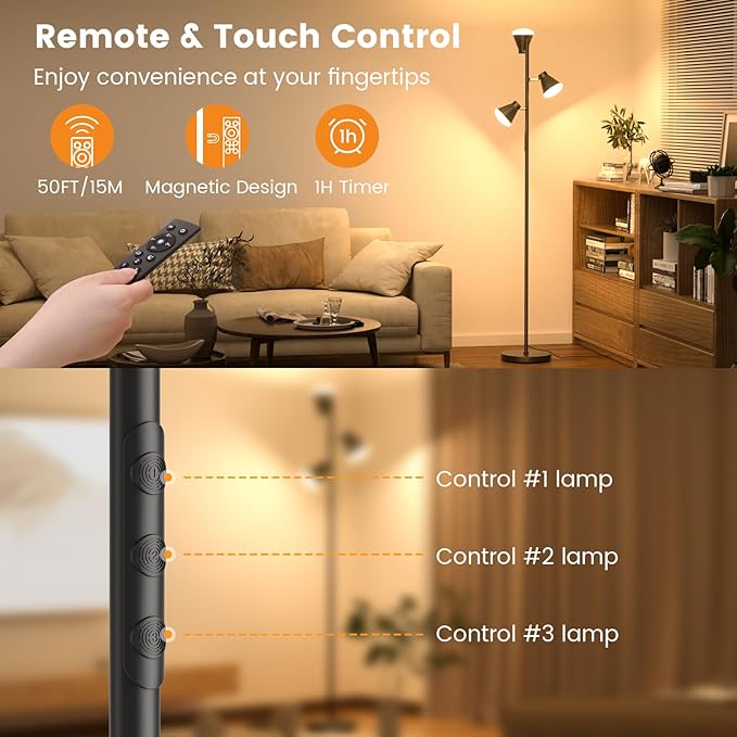 36W LED Tree Floor Lamp, Dimmable Tall Standing Lamp with Remote & Touch Control, 4 Color Temperatures Bright Floor Lamp, 3 Rotatable Light Modern Floor Lamps for Living Room Bedroom Office-CasaMuseHome