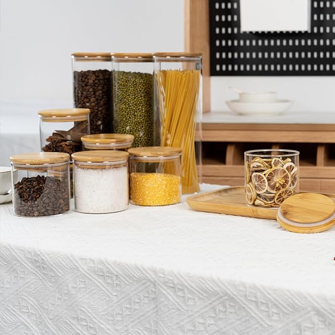 70oz Straight cylindrical Airtight Storage Jars with Bamboo Lid Set of 3 Storage Container Glass Jars, Kitchen Canister for Noodles, Pasta and Coffee beans (‎with Black Lable)-CasaMuseHome